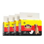 Four packs of Dono disposable male dog wrap diaper Medium size 10-count 18–25in 45–63cm, yellow product packaging featuring a Labrador, displayed in a row on white background showing multi-pack value