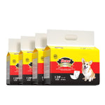 Four packs of Dono disposable male dog wrap diaper Small size 12-count 12–19in 30–48cm, yellow product packaging featuring a Corgi, displayed in a row on white background showing multi-pack value