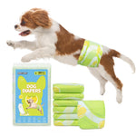 Cavalier King Charles Spaniel leaping mid-air wearing Dono's Diary male dog wrap diaper in green tennis ball print, with blue S 60-count packaging and stack of folded diapers, on white background