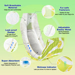 Dono's Diary male dog wrap diaper feature callout infographic showing 5 key features: Soft Breathable Material, Fur-safe Fasteners, Leak-proof Design with 3D edges, Adjustable Elastic Waist, Super-Absorbent polymer lock, and Wetness Indicator, with tennis ball print diaper on green background