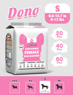 Dono's Diary Disposable Female Dog Diapers S size packaging, waist 9.8–15.7in, 8–13lbs, available in 20/40/60 pcs, features No Leakage, Three Patterns, Adjustable Hole; size chart showing XXS/XS/S/M silhouettes with weight and waist ranges, on light grey background