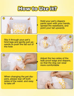 Dono pull-up female dog diaper 4-step usage guide: step 1 spread waistband open, step 2 slip through hind legs and push tail out of hole, step 3 adjust leak-proof edges for comfort, step 4 tear both sides of waist to remove