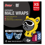 Dono x DS'Diary Disposable Male Wraps XS packaging, 48 wraps waist 6–13 inches, features Super Absorption, Leak Proof, Comfortable and Breathable, 1 Pack 2 Fashionable Designs (blue denim and grey camouflage), with yellow DS mascot character in hoodie, on black background