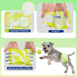 Dono's Diary male dog wrap diaper fit infographic with 3 panels: Adjustable Fasteners closeup on tennis ball print diaper, Snug Fit demonstration showing hands stretching diaper, Secure and Stay in Place with elastic stretch arrows, and Miniature Schnauzer leaping to catch tennis ball while wearing diaper, on green background