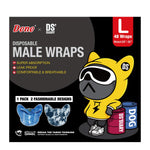 Dono x DS'Diary Disposable Male Wraps L packaging, 48 wraps waist 25–32 inches, features Super Absorption, Leak Proof, Comfortable and Breathable, 1 Pack 2 Fashionable Designs (blue denim and grey camouflage), with yellow DS mascot character in hoodie, on black background