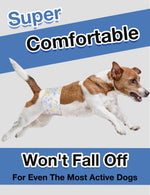 Jack Russell Terrier running and leaping while wearing Dono disposable male dog wrap diaper in yellow pet-icon print, captioned