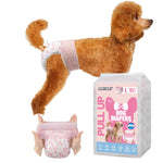Apricot Toy Poodle wearing Dono's Diary Pull Up female dog diaper in pink floral print, side view mid-stride; hands stretching open pink floral pull-up diaper showing elastic waistband; Dono's Diary Pull Up Dog Diapers L 10pcs packaging, on white background