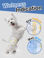 West Highland White Terrier standing on hind legs wearing Dono male dog wrap diaper in yellow pet-icon print,
