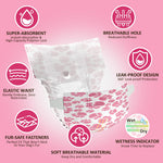 Dono disposable pull-up female dog diaper feature callout infographic showing 7 key features: Super-Absorbent with Instant Absorption and High-Capacity Polymer Lock, Breathable Hole for Reduced Stuffiness, Elastic Waist for Gentle Embrace Zero Restriction, Leak-Proof Design with 360° protection, Fur-Safe Fasteners, Soft Breathable Material, and Wetness Indicator, with pink paw-print diaper open view, on pink background