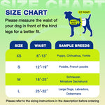 Dono's Diary male dog wrap diaper size chart: XS waist 6–13in for Puppy/Chihuahua/Yorkie, S waist 12–19in for Poodle/French Poodle, M waist 18–25in for Schnauzer/Miniature Dachshund, L waist 25–32in for Large Dogs/Labradors/Dobermans, with dog silhouette showing waist measurement point, on green background