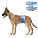 Belgian Malinois wearing Dono disposable male dog belly band wrap in blue denim print, side view, with two flat belly band designs shown: blue denim print and grey camouflage print, on white background