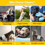 Dono male dog wrap diaper use case infographic showing 6 scenarios: incontinence in elderly dogs, puppy training, after surgery care, male marking, travel, and excitable urination, captioned