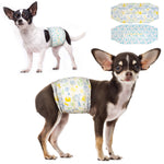 Two Chihuahuas wearing Dono disposable male dog wrap diapers — one in teal pet-icon print, one in yellow pet-icon print — with both diaper designs shown flat in top right corner, on white background