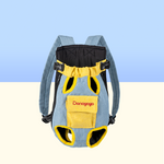 DONOYOYO pet carrier backpack in blue denim and yellow, front view showing padded leg holes, quick-release buckles, adjustable shoulder straps, and branded front pocket