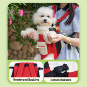DONOYOYO red pet carrier backpack detail callouts showing reinforced backing and secure quick-release buckles, white Bichon Frise carried front-facing in a garden setting
