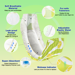 Dono's Diary male dog belly band diaper feature infographic showing 6 key details: soft breathable material, fur-safe fasteners, leak-proof design, adjustable elastic waist, super-absorbent core, and wetness indicator