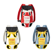 DONOYOYO pet carrier backpack available in three colors — red/white, yellow/white, and blue denim/yellow — front view comparison on white background