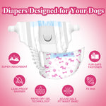 Dono female dog diaper feature infographic showing super-absorbent core, leak-proof barrier, rapid dry gel technology, adjustable fit waistband, and fur-safe fastener on pink background