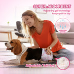 Woman putting Dono disposable female dog diaper on a Beagle at home, highlighting super-absorbent rapid dry gel technology and adjustable tail hole feature
