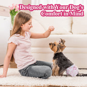 Yorkshire Terrier wearing Dono disposable female dog diaper in pink floral pattern, sitting with a girl at home, with text 