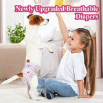 Jack Russell Terrier standing on hind legs playing with a girl at home while wearing Dono newly upgraded breathable disposable female dog diaper in pink floral pattern