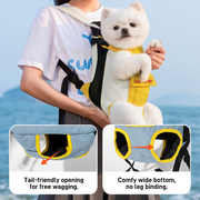DONOYOYO pet carrier backpack detail callouts showing tail-friendly opening for free wagging and comfy wide bottom with no leg binding, with Pomeranian worn front-facing outdoors