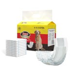 Dono disposable male dog wrap diaper Large size 8-count, yellow product packaging featuring a Labrador with FDA and CE certifications, stacked diapers and single bone print diaper displayed on white background