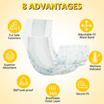 Dono disposable male dog wrap diaper 8 advantages infographic: fur safe fasteners, adjustable fit waist band, superior absorbent, wetness indicator, 360° leak-proof, breathable outer layer, and secure fit, with bone print diaper displayed in center