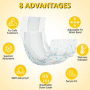 Dono disposable male dog wrap diaper 8 advantages infographic: fur safe fasteners, adjustable fit waist band, superior absorbent, wetness indicator, 360° leak-proof, breathable outer layer, and secure fit, with bone print diaper displayed in center