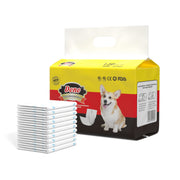 Dono disposable male dog wrap diaper Small size 12-count 12–19in 30–48cm, yellow product packaging featuring a Corgi with FDA and CE certifications, stacked diapers displayed on white background showing back of packaging with usage instructions