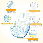 Dono disposable male dog wrap diaper construction detail infographic showing 5 key features: magic sticker for perfect fit without sticking to fur, elastic ring waist for easy adjustment, stereoscopic edge for leak-proof protection, soft cotton surface for comfort, and wetness indicator that turns green when dog pees