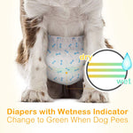 Close-up rear view of a dog wearing Dono male dog wrap diaper in bone print pattern, with wetness indicator color chart showing yellow when dry and green when wet, captioned 
