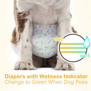 Close-up rear view of a dog wearing Dono male dog wrap diaper in bone print pattern, with wetness indicator color chart showing yellow when dry and green when wet, captioned 