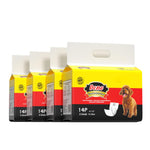 Four packs of Dono disposable male dog wrap diaper XS size 14-count 6–13in 15–33cm, yellow product packaging featuring a Toy Poodle, displayed in a row on white background showing multi-pack value