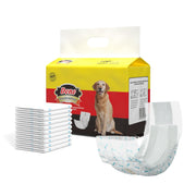 Dono disposable male dog wrap diaper in bone print pattern, Medium size 10-count, with yellow product packaging featuring a Labrador, stacked diapers, and single diaper displayed on white background