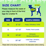 Dono's Diary male dog belly band diaper size chart showing XS to L with waist measurements and sample breeds — from Chihuahua and Yorkie to Labrador and Doberman