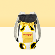 DONOYOYO pet carrier backpack in yellow and white, front view showing padded leg holes, quick-release buckles, adjustable shoulder straps, and branded front pocket