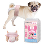 Fawn Pug wearing Dono's Diary Pull Up female dog diaper in pink floral print, side view with tongue out; hands stretching open pink floral pull-up diaper showing elastic waistband; Dono's Diary Pull Up Dog Diapers M 10pcs packaging, on white background