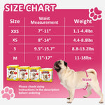 Dono disposable female dog diaper size chart: XXS waist 7–11in 1.1–4.4lbs, XS waist 8–14in 4.4–8.8lbs, S waist 9.5–15.7in 8.8–13.2lbs, M waist 11–17in 11–18lbs, with Pug showing waist measurement point and four Dono packaging sizes (XXS/XS/S/M), on pink background
