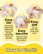 Dono pull-up female dog diaper how-to-use guide showing 3 steps: easy on by pulling over legs and freeing tail, easy adjustable by fitting leak guards, and easy off by tearing both sides at the waistband