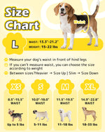 Dono pull-up female dog diaper size chart highlighting L size 13.3–21.2in waist 15–22lbs with Beagle example, plus XS 8.5–15.5in up to 5lbs, S 10–18in 5–11lbs, M 11.5–19.5in 11–18lbs, XL 14.9–22.8in 18–33lbs with Yorkshire Terrier, Pug, Bichon, and Labrador examples