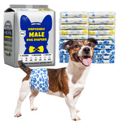 Jack Russell Terrier wearing Dono's Diary disposable male dog diaper in blue paw-print pattern, side view smiling at camera; Dono's Diary Disposable Male Dog Diapers XS packaging (blue dog silhouette with bow tie, 