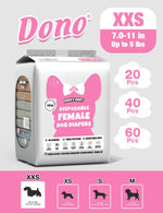 Dono's Diary Disposable Female Dog Diapers XXS size packaging, waist 7.0–11in, up to 5lbs, available in 20/40/60 pcs, features No Leakage, Three Patterns, Adjustable Hole; size chart showing XXS/XS/S/M silhouettes with weight and waist ranges, on light grey background