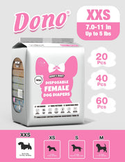 Dono's Diary Disposable Female Dog Diapers XXS size packaging, waist 7.0–11in, up to 5lbs, available in 20/40/60 pcs, features No Leakage, Three Patterns, Adjustable Hole; size chart showing XXS/XS/S/M silhouettes with weight and waist ranges, on light grey background
