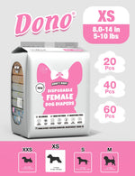 Dono's Diary Disposable Female Dog Diapers XS size packaging, waist 8.0–14in, 5–10lbs, available in 20/40/60 pcs, features No Leakage, Three Patterns, Adjustable Hole; size chart showing XXS/XS/S/M silhouettes with weight and waist ranges, on light grey background