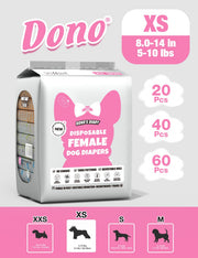 Dono's Diary Disposable Female Dog Diapers XS size packaging, waist 8.0–14in, 5–10lbs, available in 20/40/60 pcs, features No Leakage, Three Patterns, Adjustable Hole; size chart showing XXS/XS/S/M silhouettes with weight and waist ranges, on light grey background