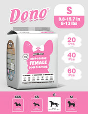 Dono's Diary Disposable Female Dog Diapers S size packaging, waist 9.8–15.7in, 8–13lbs, available in 20/40/60 pcs, features No Leakage, Three Patterns, Adjustable Hole; size chart showing XXS/XS/S/M silhouettes with weight and waist ranges, on light grey background