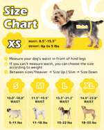 Dono pull-up female dog diaper size chart highlighting XS size 8.5–15.5in waist up to 5lbs with Yorkshire Terrier example, plus S 10–18in 5–11lbs, M 11.5–19.5in 11–18lbs, L 13.3–21.2in 15–22lbs, XL 14.9–22.8in 18–33lbs with Pug, Bichon Frise, Beagle, and Labrador examples