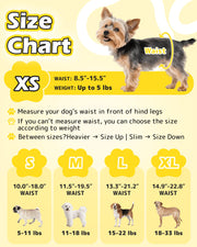 Dono pull-up female dog diaper size chart highlighting XS size 8.5–15.5in waist up to 5lbs with Yorkshire Terrier example, plus S 10–18in 5–11lbs, M 11.5–19.5in 11–18lbs, L 13.3–21.2in 15–22lbs, XL 14.9–22.8in 18–33lbs with Pug, Bichon Frise, Beagle, and Labrador examples