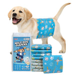Labrador wearing Dono widened male dog wrap diaper Small size in baseball print pattern, with blue product packaging 20-count and stacked diapers showing both baseball and gaming controller print designs, on white background